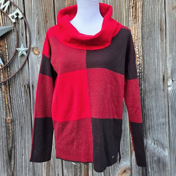 Colorblock Sweater Calvin Klein Size S Knit Pullover Cowl Neck Red Black Check - Picture 1 of 8